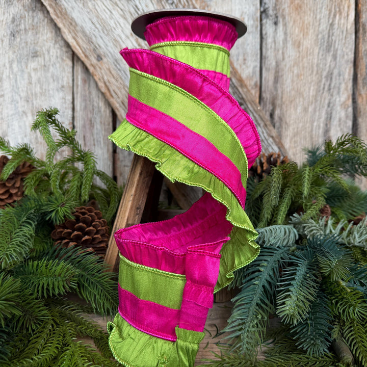 4.5" Hot Pink Ruffle Ribbon, Hot Pink and Lime Stripe Ribbon, Christmas Ribbon