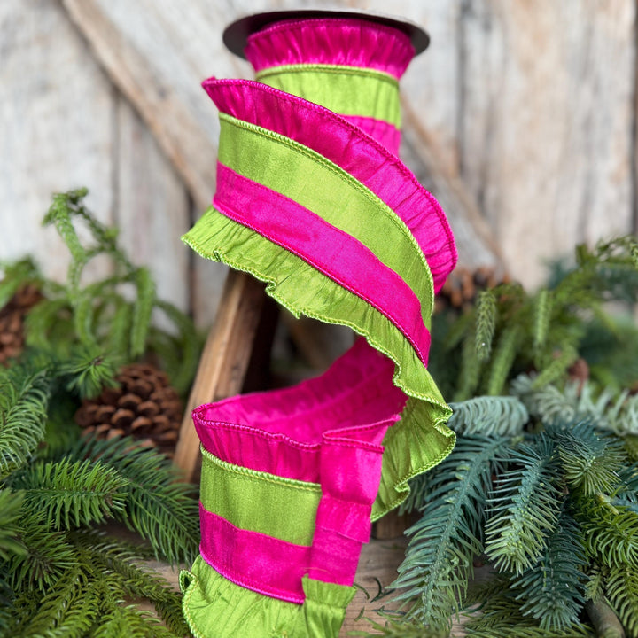 4.5" Hot Pink Ruffle Ribbon, Hot Pink and Lime Stripe Ribbon, Christmas Ribbon