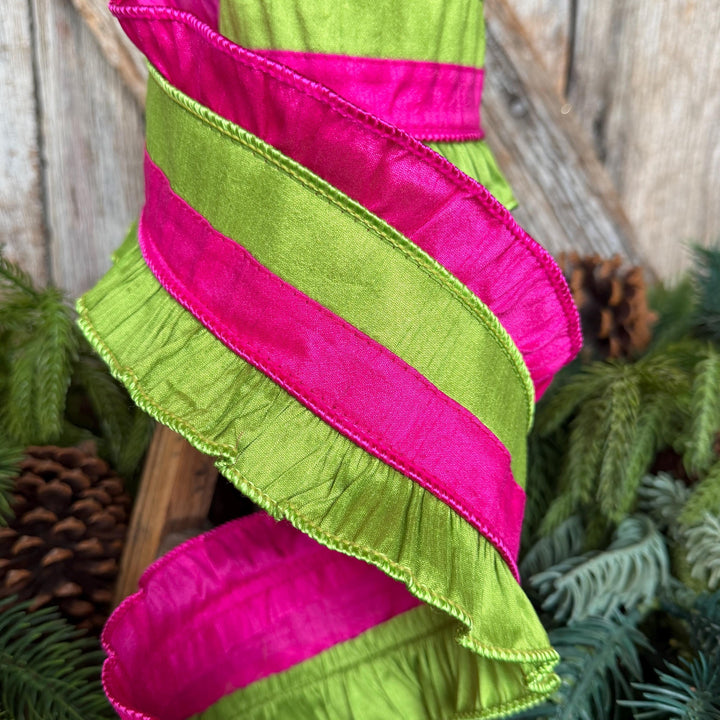 4.5" Hot Pink Ruffle Ribbon, Hot Pink and Lime Stripe Ribbon, Christmas Ribbon