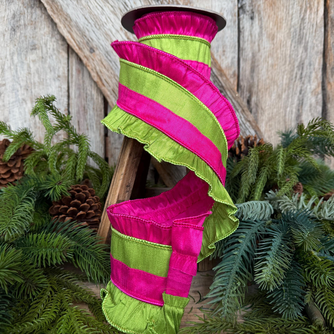 4.5" Hot Pink Ruffle Ribbon, Hot Pink and Lime Stripe Ribbon, Christmas Ribbon