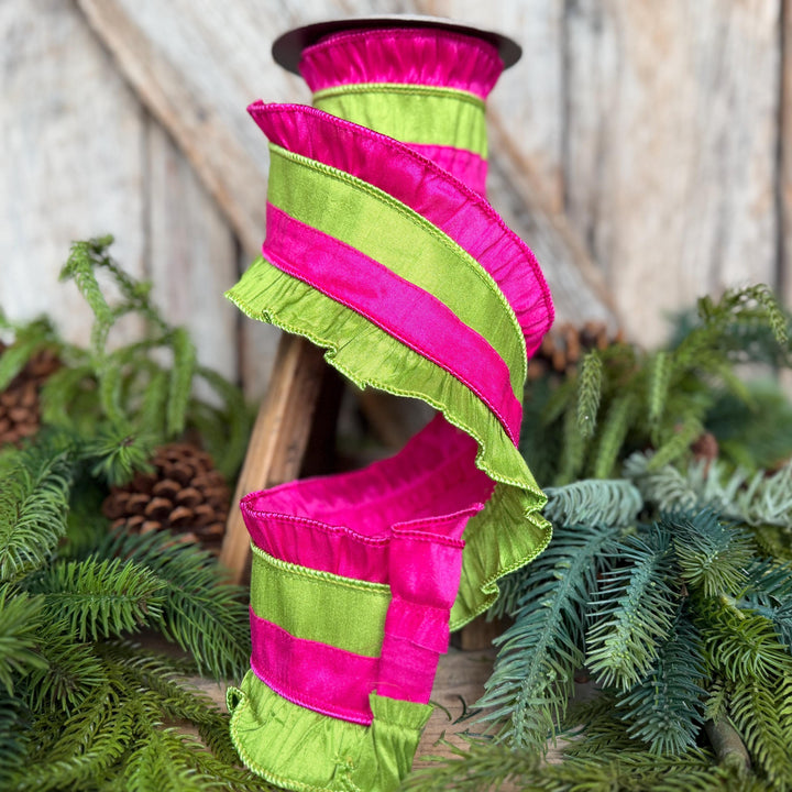 4.5" Hot Pink Ruffle Ribbon, Hot Pink and Lime Stripe Ribbon, Christmas Ribbon