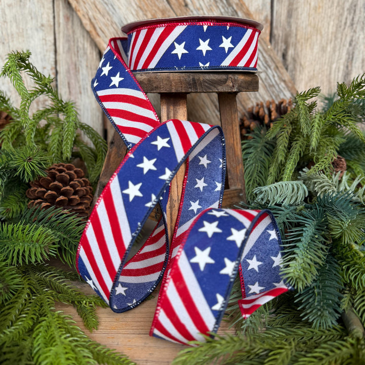 1.5" Stars and Stripes Patriotic Ribbon by Farrisilk, Patriotic Wired Ribbon, American Ribbon, 4th of July ribbon, Americana Decor
