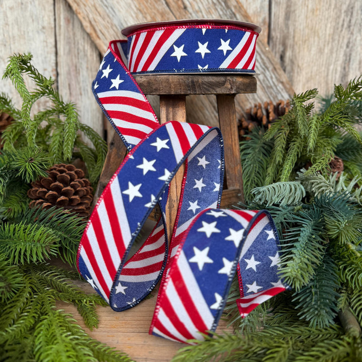 1.5" Stars and Stripes Patriotic Ribbon by Farrisilk, Patriotic Wired Ribbon, American Ribbon, 4th of July ribbon, Americana Decor