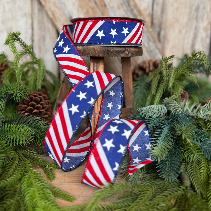 1.5" Stars and Stripes Patriotic Ribbon by Farrisilk, Patriotic Wired Ribbon, American Ribbon, 4th of July ribbon, Americana Decor