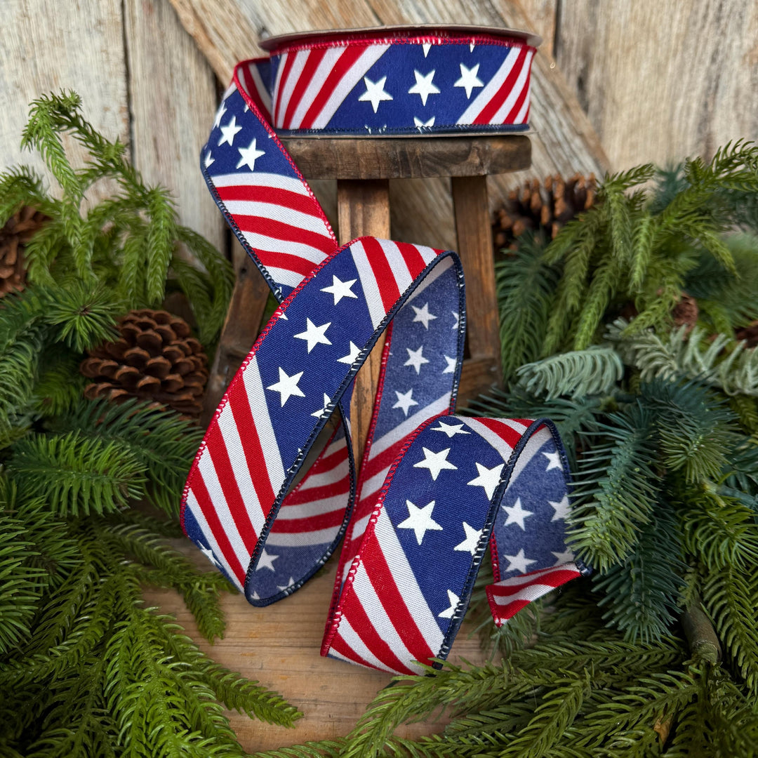 1.5" Stars and Stripes Patriotic Ribbon by Farrisilk, Patriotic Wired Ribbon, American Ribbon, 4th of July ribbon, Americana Decor