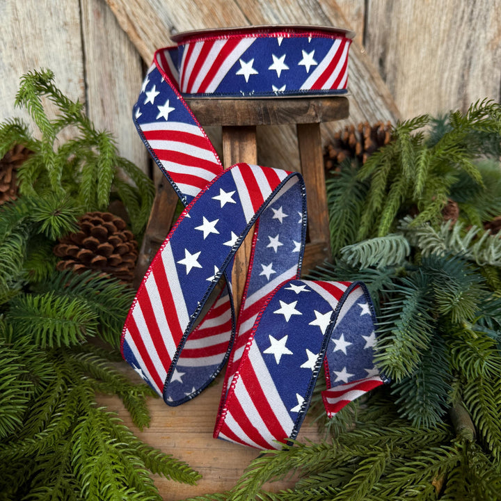 1.5" Stars and Stripes Patriotic Ribbon by Farrisilk, Patriotic Wired Ribbon, American Ribbon, 4th of July ribbon, Americana Decor