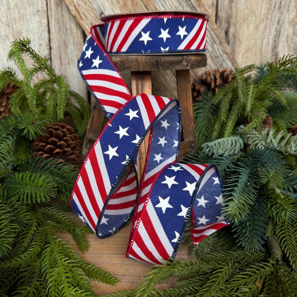 1.5" Stars and Stripes Patriotic Ribbon by Farrisilk, Patriotic Wired Ribbon, American Ribbon, 4th of July ribbon, Americana Decor
