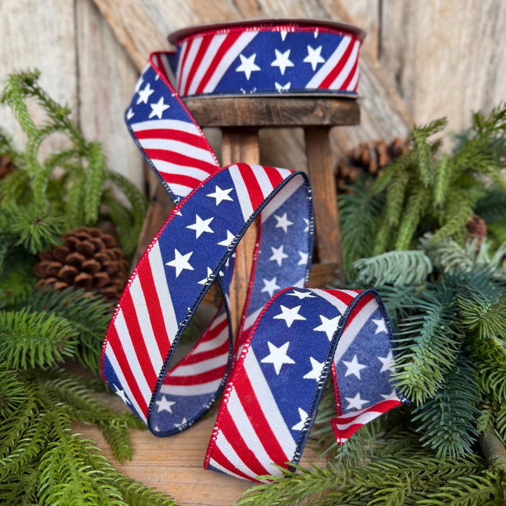 1.5" Stars and Stripes Patriotic Ribbon by Farrisilk, Patriotic Wired Ribbon, American Ribbon, 4th of July ribbon, Americana Decor
