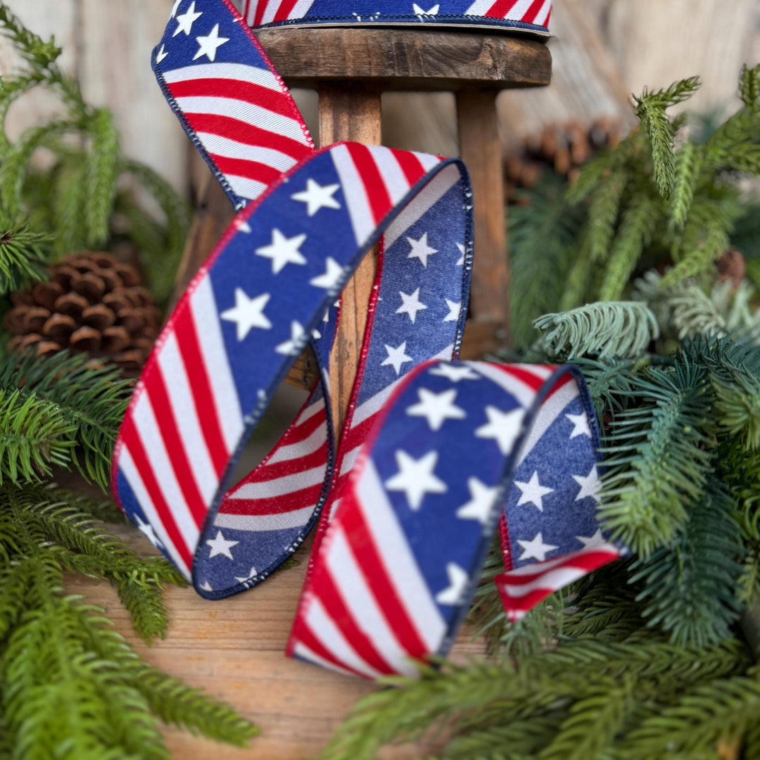 1.5" Stars and Stripes Patriotic Ribbon by Farrisilk, Patriotic Wired Ribbon, American Ribbon, 4th of July ribbon, Americana Decor