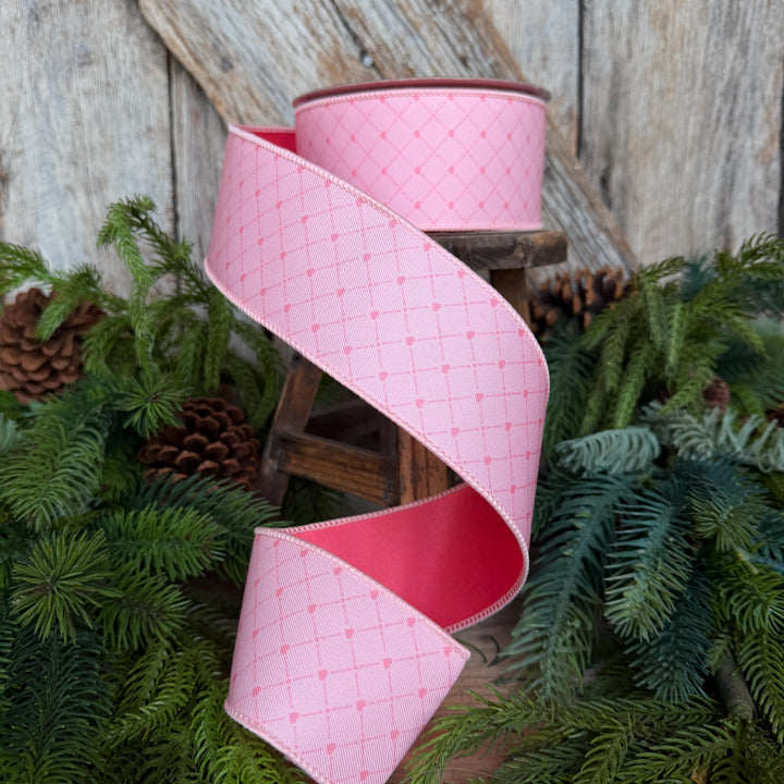 2.5" Pink Heart Lattice Ribbon, Farrsilk Ribbon, Valentine Ribbon, Pink Heart Ribbon, Light Pink Ribbon, RS068-14
