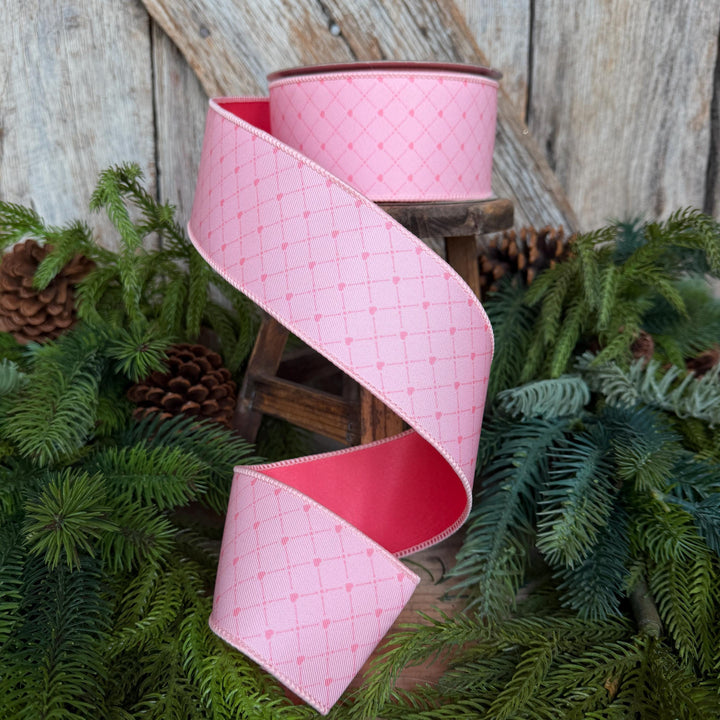 2.5" Pink Heart Lattice Ribbon, Farrsilk Ribbon, Valentine Ribbon, Pink Heart Ribbon, Light Pink Ribbon, RS068-14