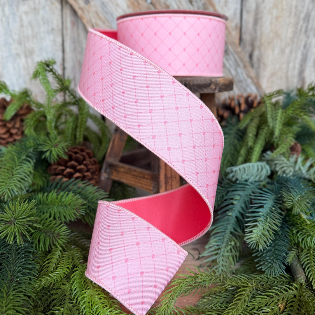 2.5" Pink Heart Lattice Ribbon, Farrsilk Ribbon, Valentine Ribbon, Pink Heart Ribbon, Light Pink Ribbon, RS068-14