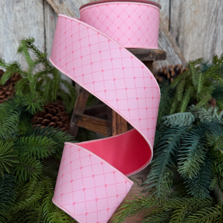 2.5" Pink Heart Lattice Ribbon, Farrsilk Ribbon, Valentine Ribbon, Pink Heart Ribbon, Light Pink Ribbon, RS068-14