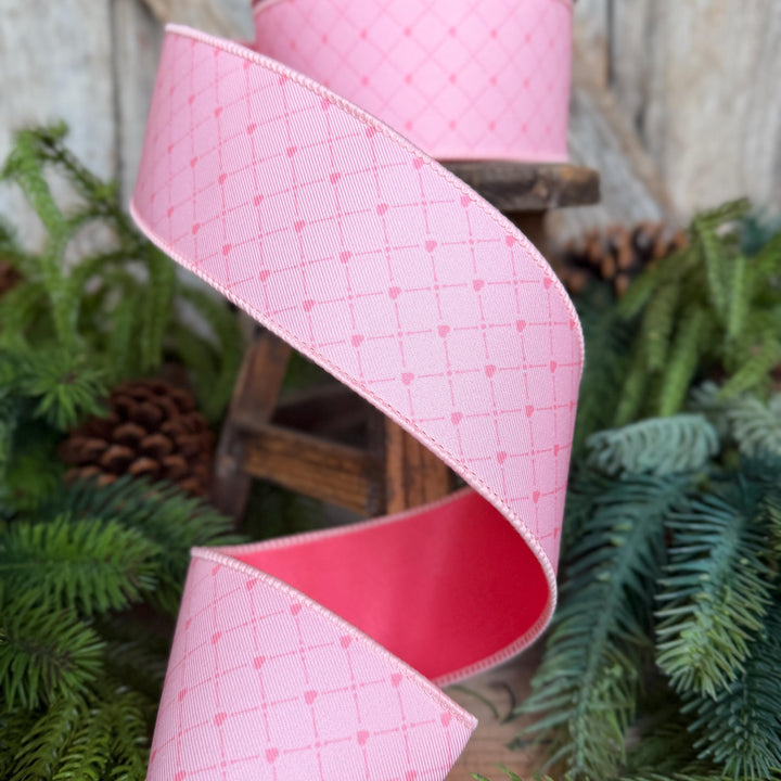 2.5" Pink Heart Lattice Ribbon, Farrsilk Ribbon, Valentine Ribbon, Pink Heart Ribbon, Light Pink Ribbon, RS068-14
