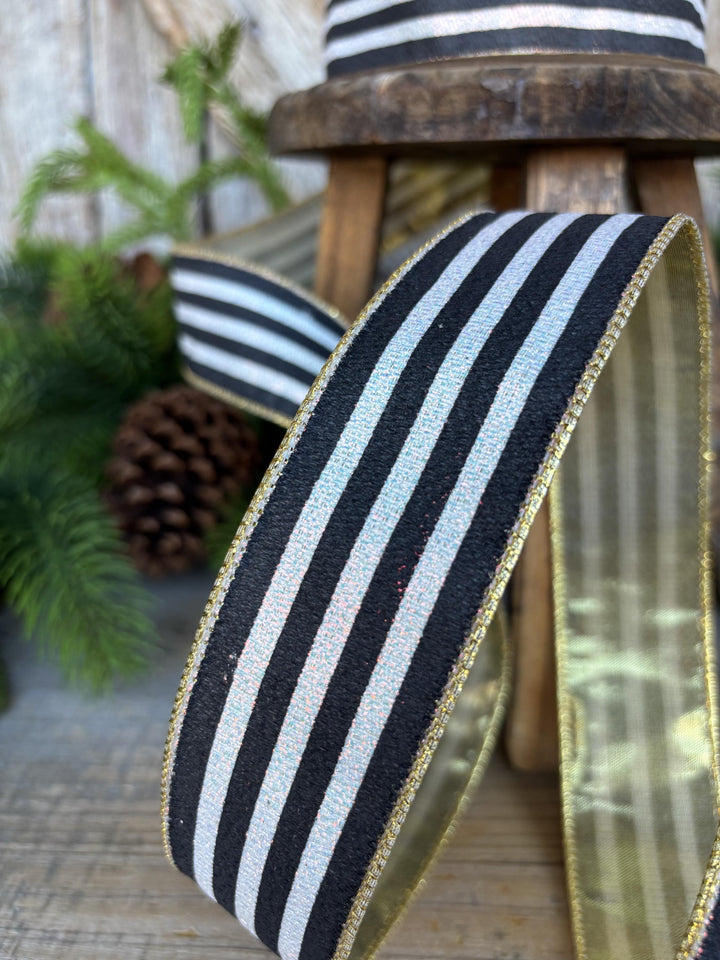 1.5" Black and White Stripe Ribbon, Cabana Stripe Ribbon