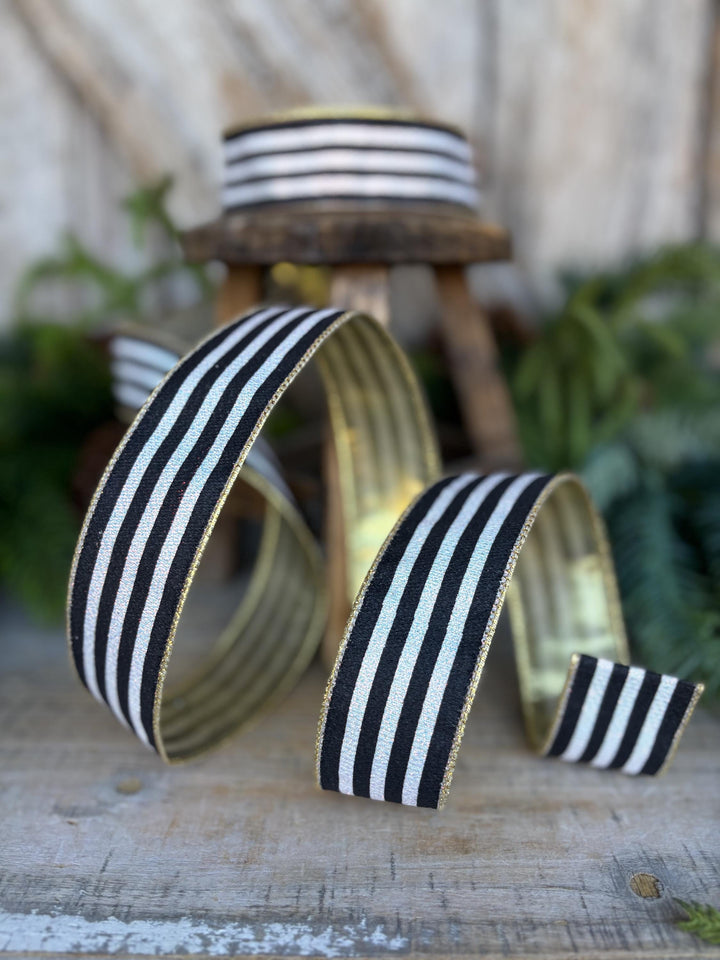 1.5" Black and White Stripe Ribbon, Cabana Stripe Ribbon