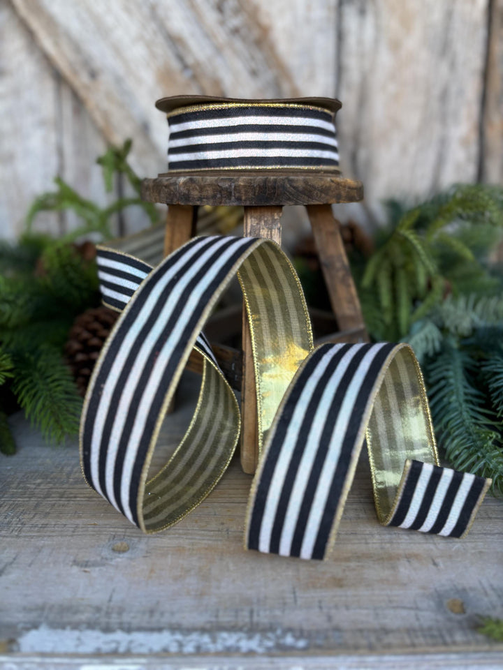 1.5" Black and White Stripe Ribbon, Cabana Stripe Ribbon