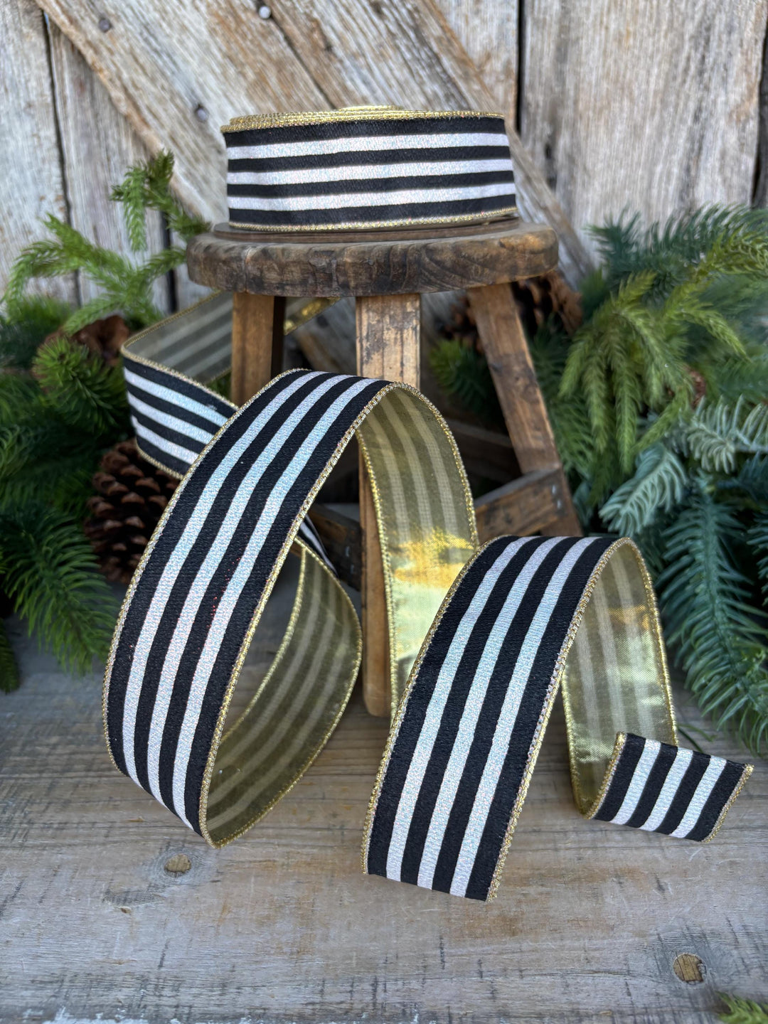 1.5" Black and White Stripe Ribbon, Cabana Stripe Ribbon