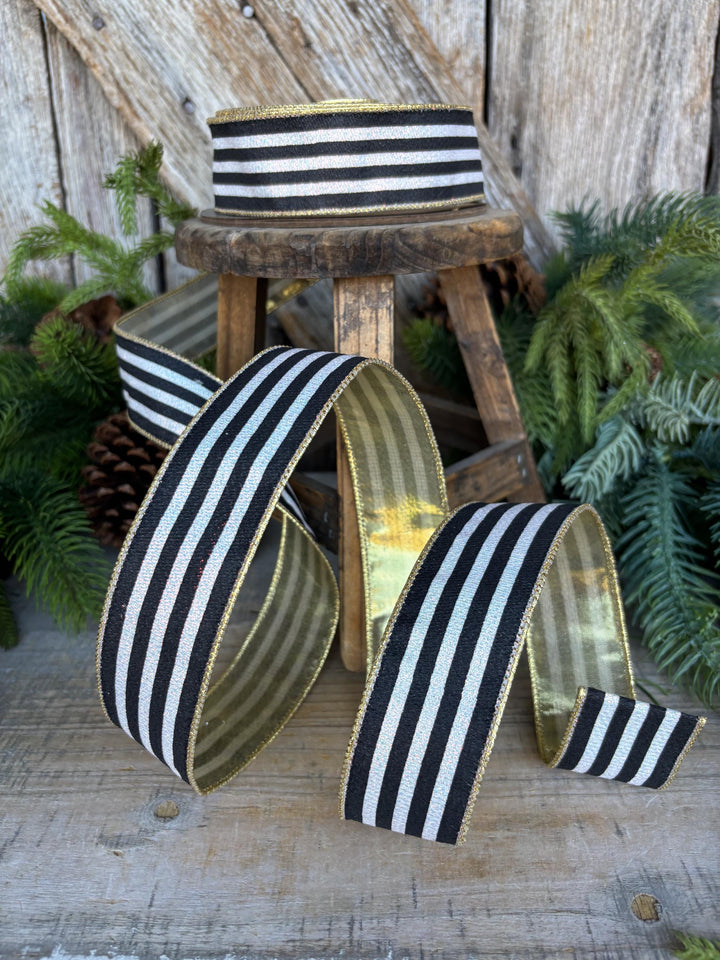 1.5" Black and White Stripe Ribbon, Cabana Stripe Ribbon