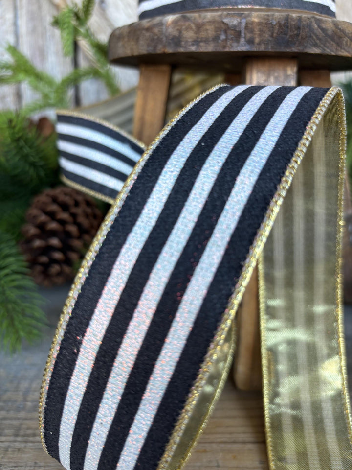 1.5" Black and White Stripe Ribbon, Cabana Stripe Ribbon