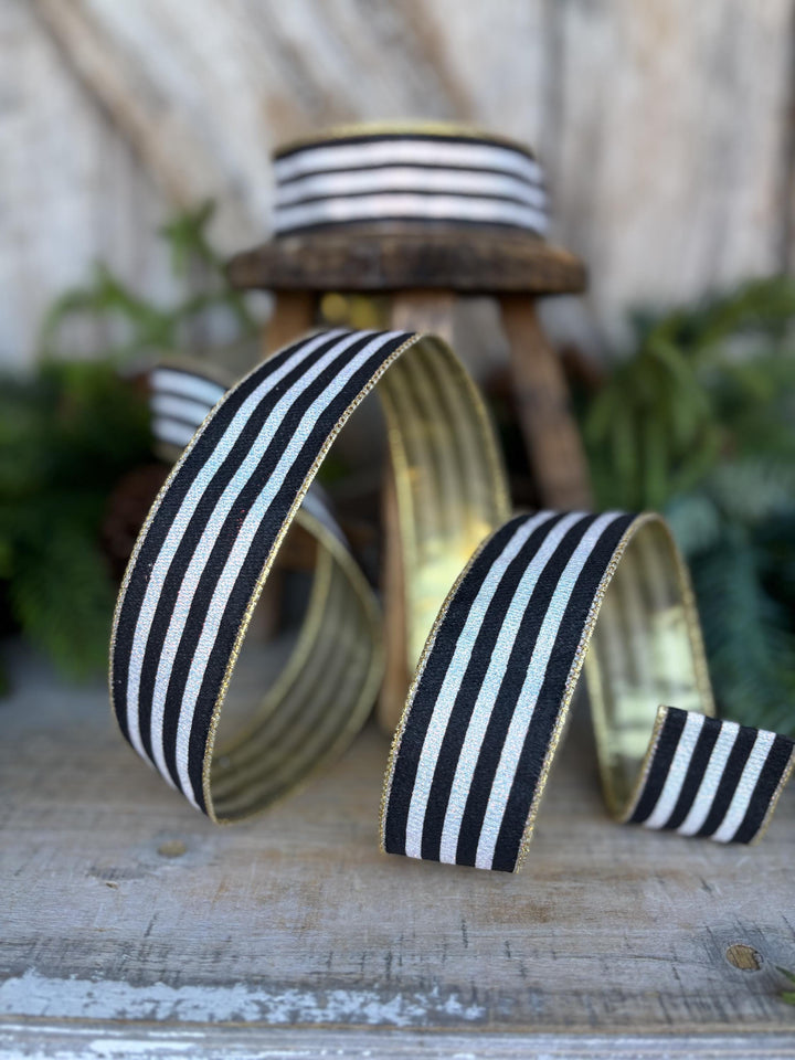 1.5" Black and White Stripe Ribbon, Cabana Stripe Ribbon