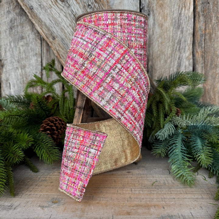 4" Pink Tweed Ribbon, Farrisilk Haute Tweed Ribbon, Christmas Ribbon