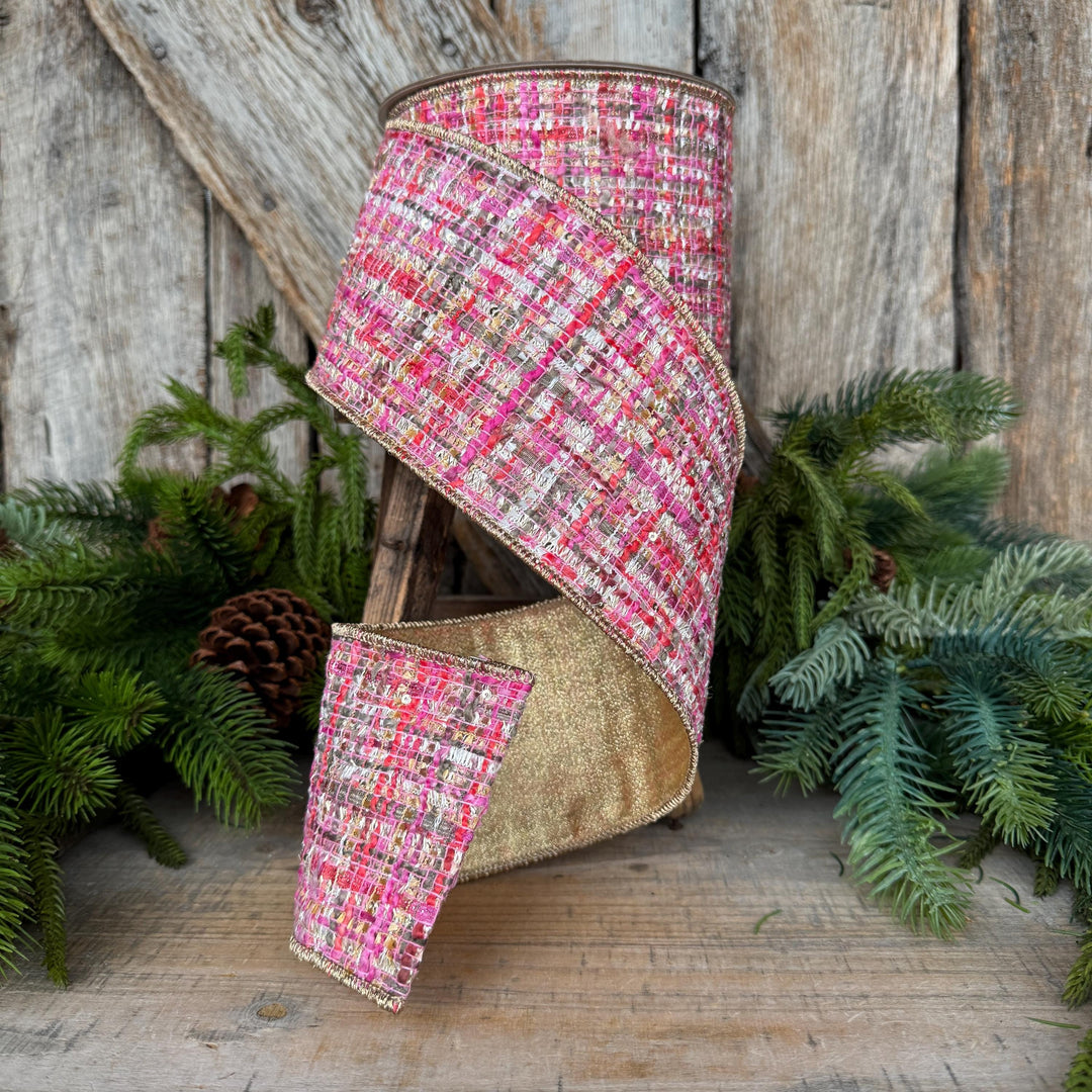 4" Pink Tweed Ribbon, Farrisilk Haute Tweed Ribbon, Christmas Ribbon