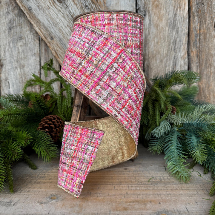 4" Pink Tweed Ribbon, Farrisilk Haute Tweed Ribbon, Christmas Ribbon