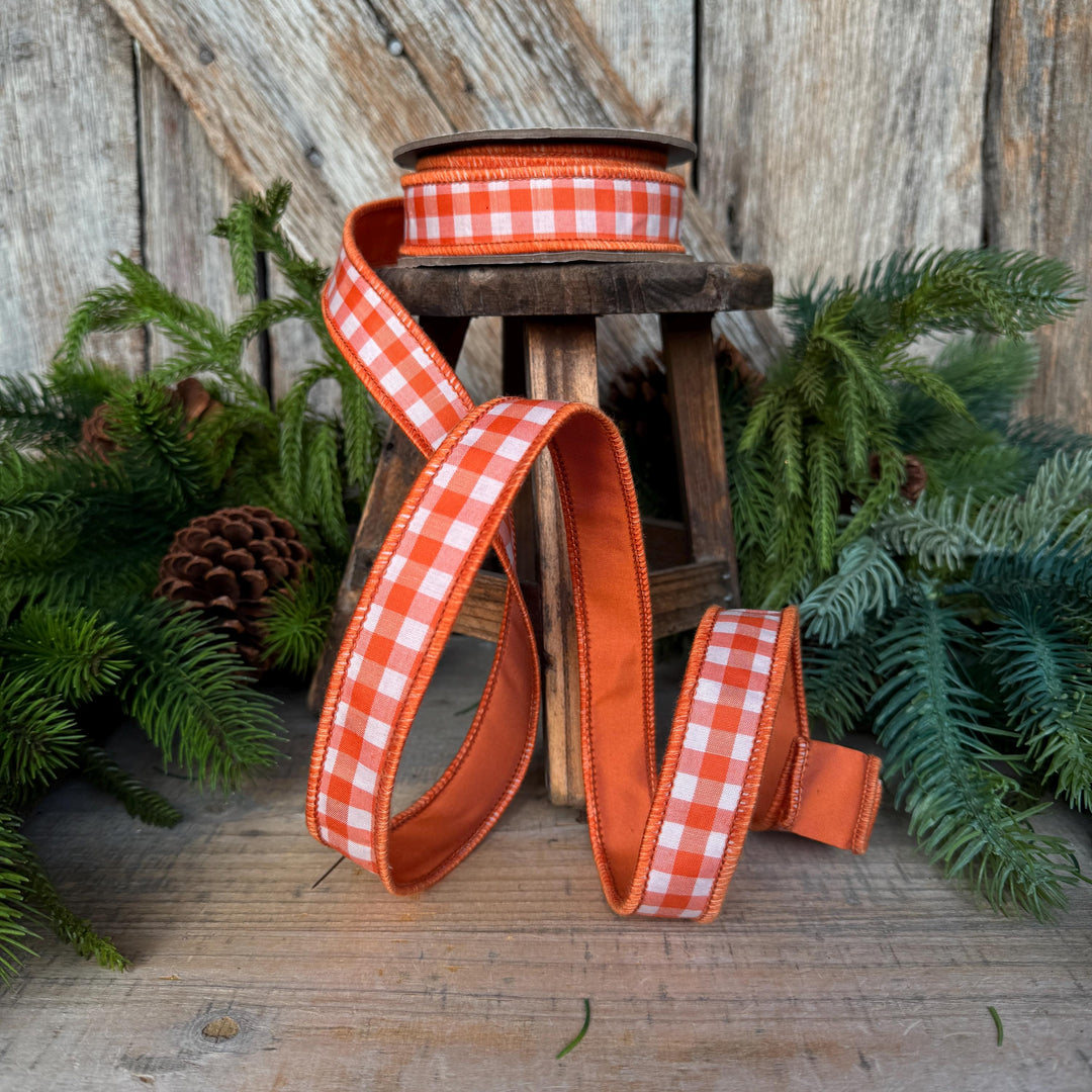 1" Orange Check Ribbon, D. Stevens Orange Plaid Ribbon, Fall Ribbon