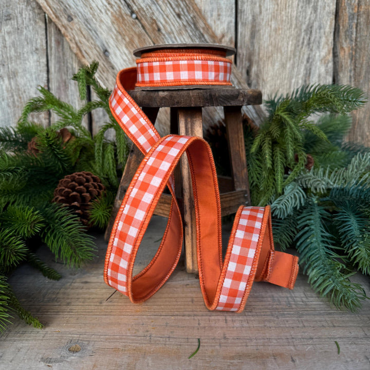 1" Orange Check Ribbon, D. Stevens Orange Plaid Ribbon, Fall Ribbon