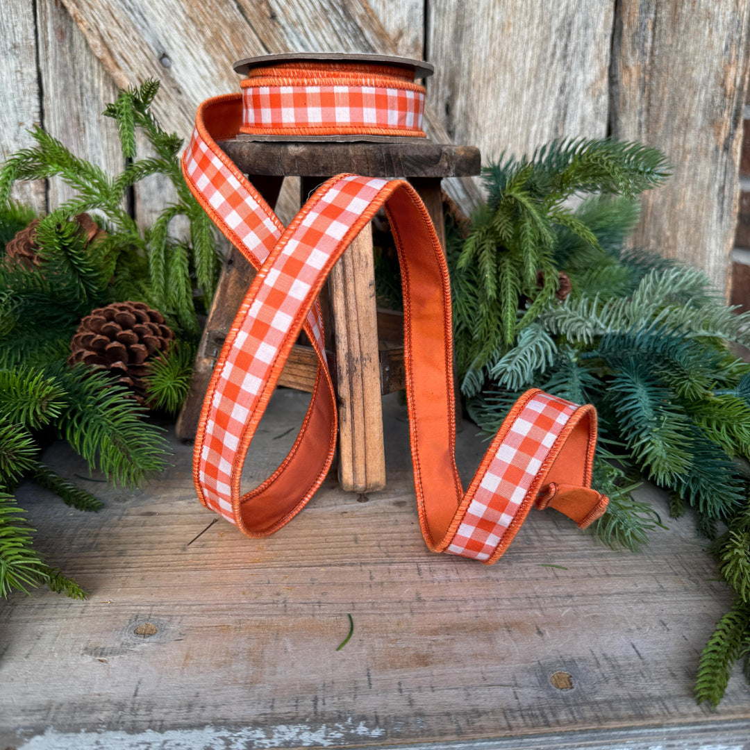 1" Orange Check Ribbon, D. Stevens Orange Plaid Ribbon, Fall Ribbon