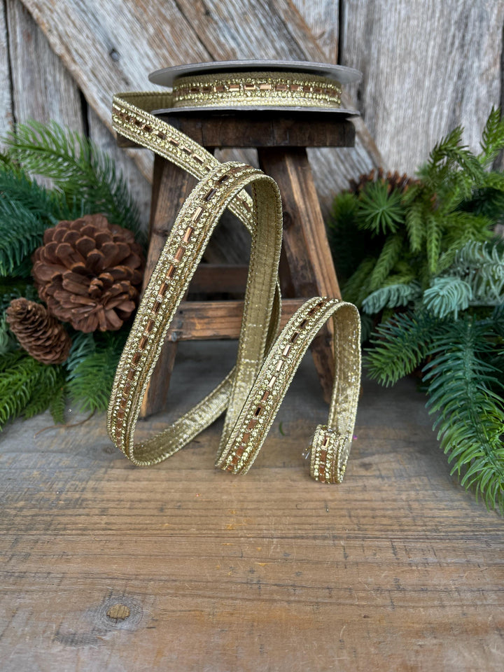 3/4" Gold Jeweled Ribbon, Farrisilk Brilliant Baguettes Ribbon, RK809-50