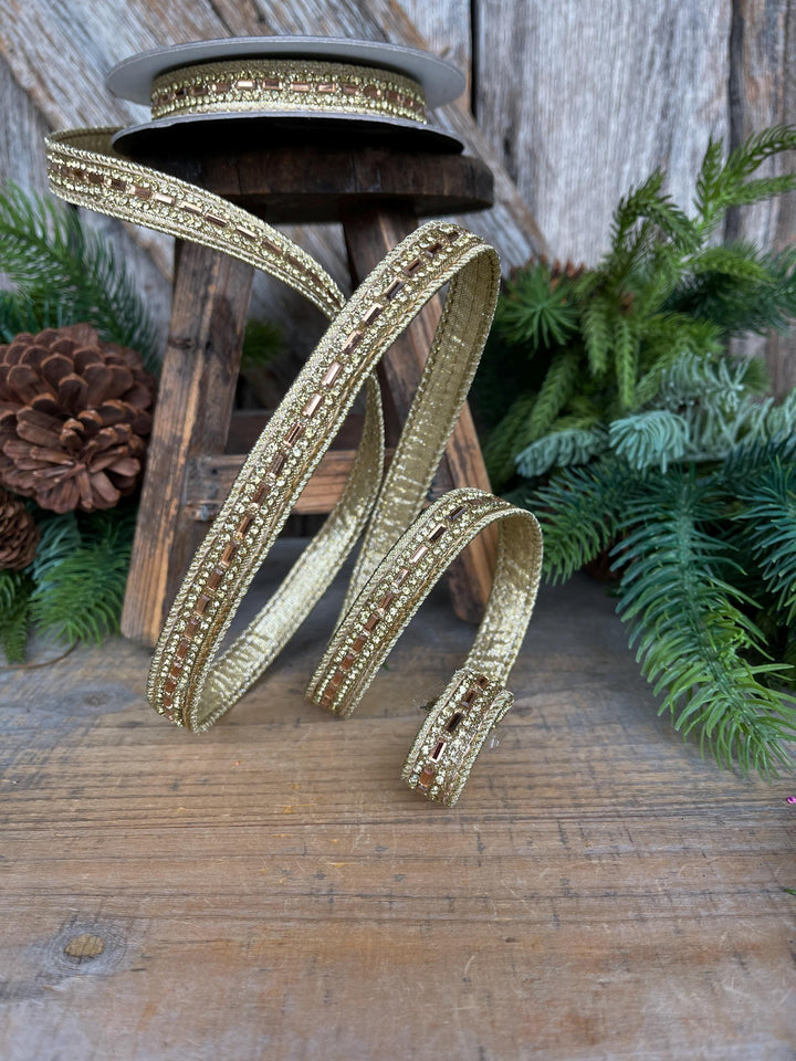 3/4" Gold Jeweled Ribbon, Farrisilk Brilliant Baguettes Ribbon, RK809-50