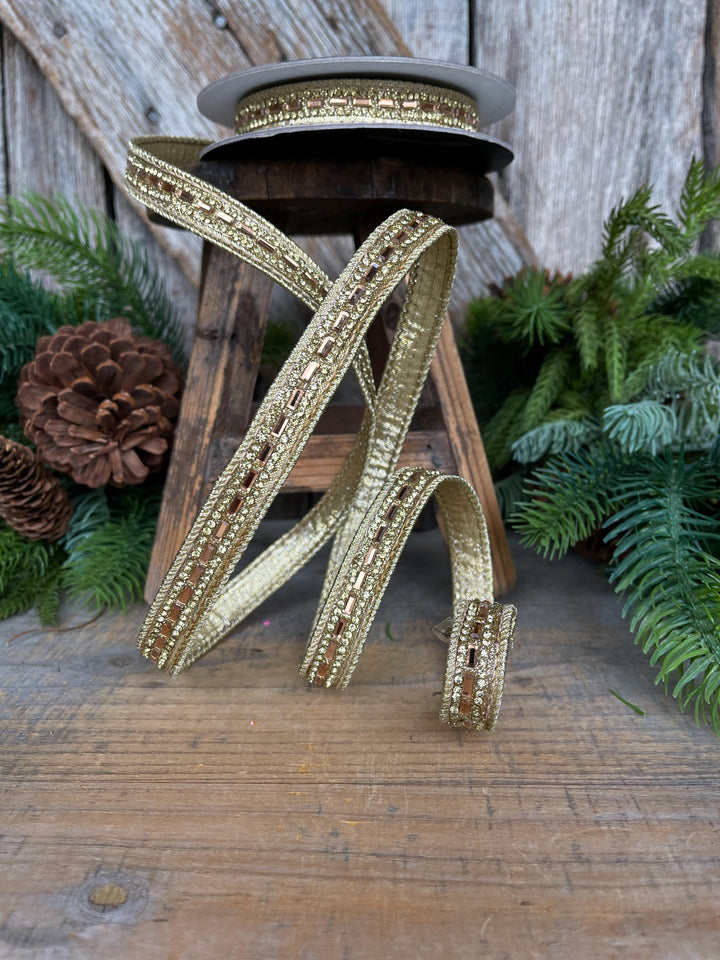 3/4" Gold Jeweled Ribbon, Farrisilk Brilliant Baguettes Ribbon, RK809-50