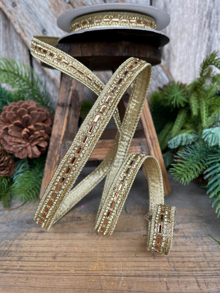 3/4" Gold Jeweled Ribbon, Farrisilk Brilliant Baguettes Ribbon, RK809-50