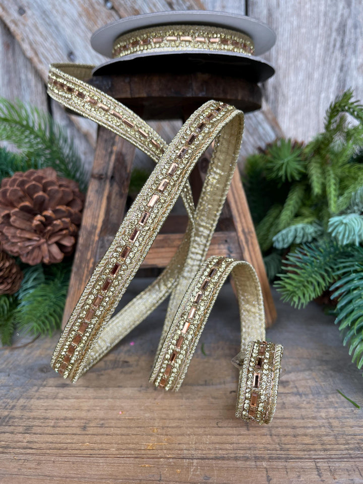 3/4" Gold Jeweled Ribbon, Farrisilk Brilliant Baguettes Ribbon, RK809-50