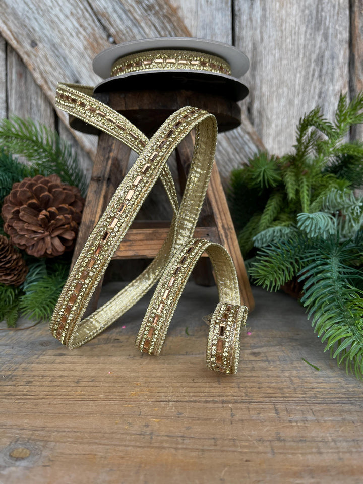 3/4" Gold Jeweled Ribbon, Farrisilk Brilliant Baguettes Ribbon, RK809-50