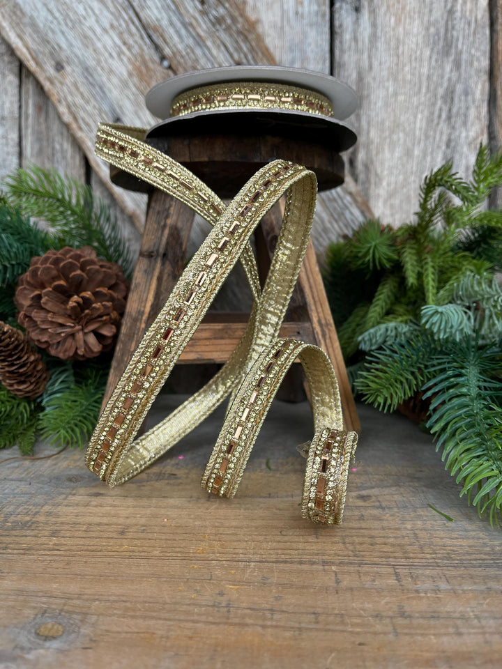 3/4" Gold Jeweled Ribbon, Farrisilk Brilliant Baguettes Ribbon, RK809-50