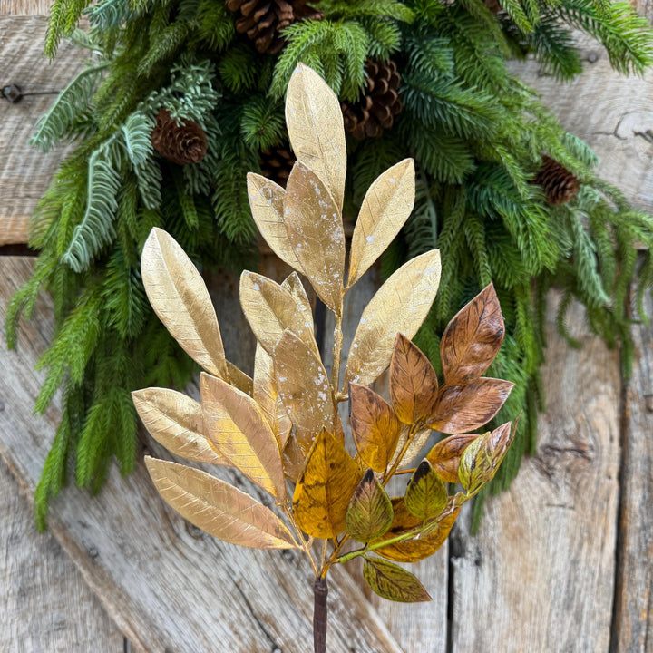 16" Gold Laurel Leaf Pick, Gold Christmas Spray
