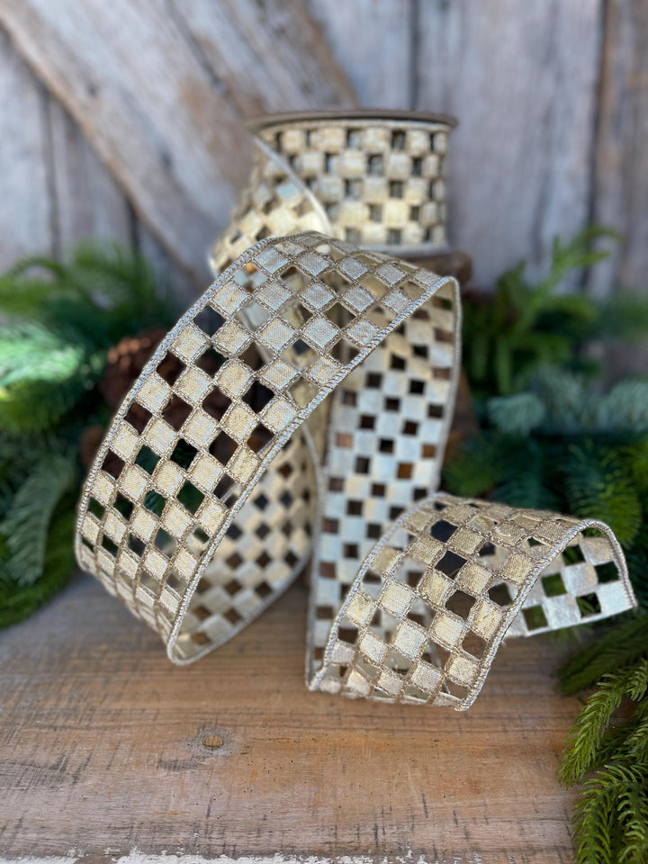 2.5" Silver Gold Checker Lace Ribbon, Farrisilk Ribbon, Christmas Ribbon