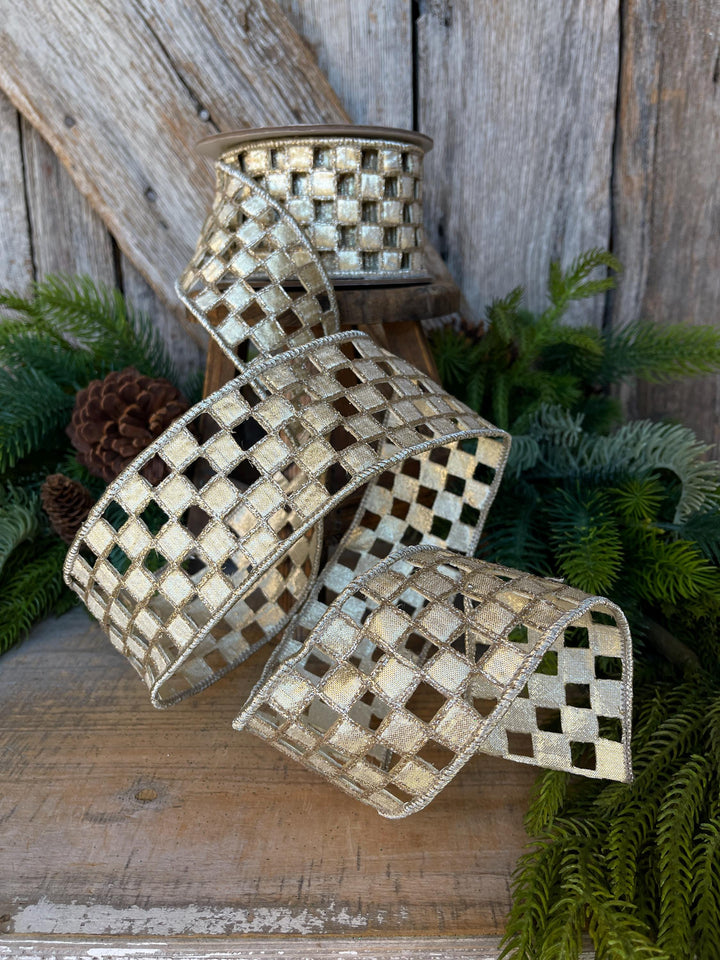 2.5" Silver Gold Checker Lace Ribbon, Farrisilk Ribbon, Christmas Ribbon
