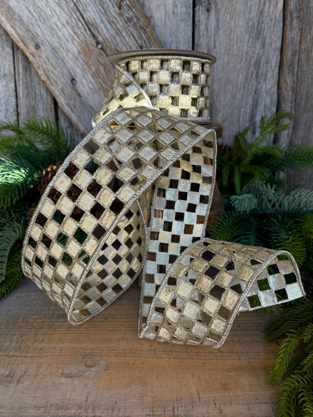 2.5" Silver Gold Checker Lace Ribbon, Farrisilk Ribbon, Christmas Ribbon