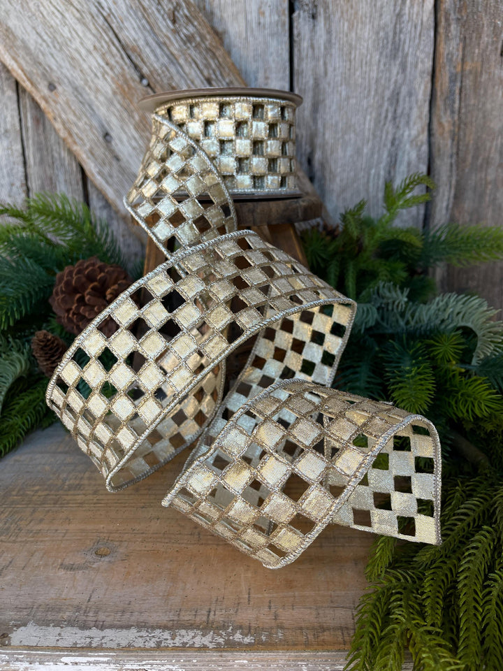2.5" Silver Gold Checker Lace Ribbon, Farrisilk Ribbon, Christmas Ribbon