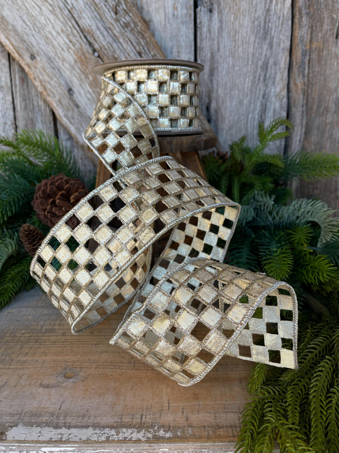 2.5" Silver Gold Checker Lace Ribbon, Farrisilk Ribbon, Christmas Ribbon