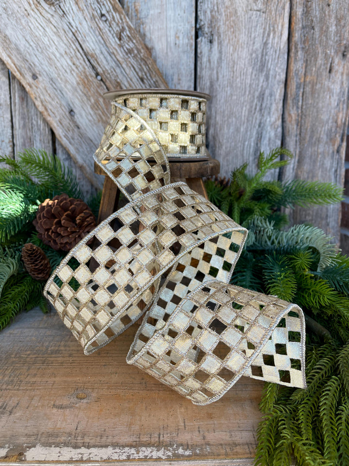 2.5" Silver Gold Checker Lace Ribbon, Farrisilk Ribbon, Christmas Ribbon