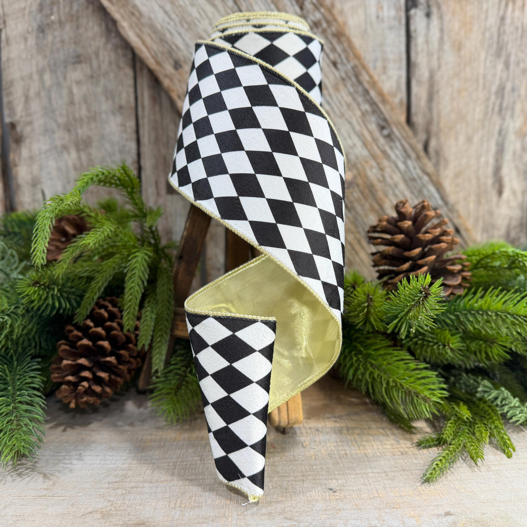 4" Black and White Harlequin Ribbon, Christmas Ribbon