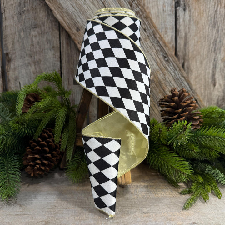 4" Black and White Harlequin Ribbon, Christmas Ribbon