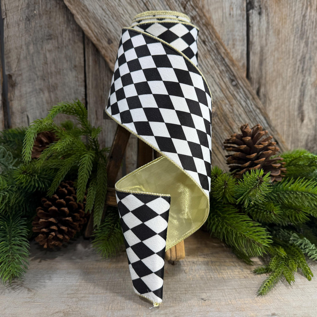 4" Black and White Harlequin Ribbon, Christmas Ribbon
