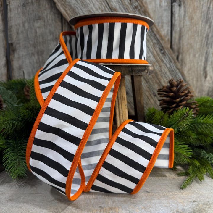 2.5" Halloween Ribbon, Striped Ribbon, Orange Ribbon, Wired Ribbon, Black White Stripe Halloween Ribbon