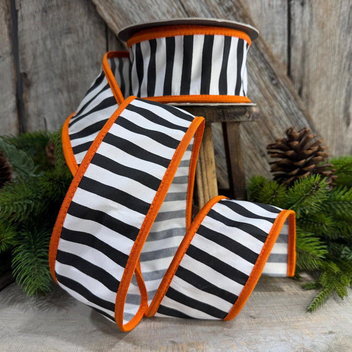 2.5" Halloween Ribbon, Striped Ribbon, Orange Ribbon, Wired Ribbon, Black White Stripe Halloween Ribbon